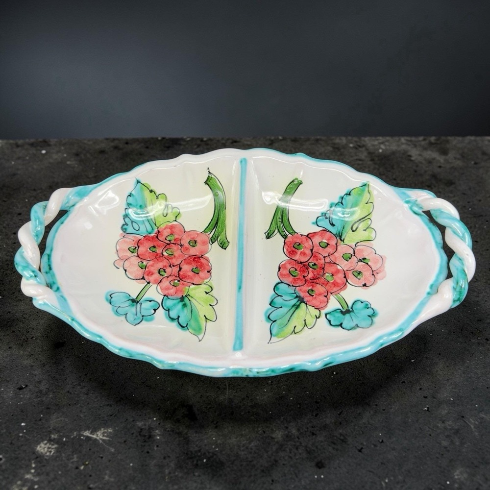 Hand Made Italian Pottery‎ Double Sided Tray Dish Dip Bowl With Handles Italy